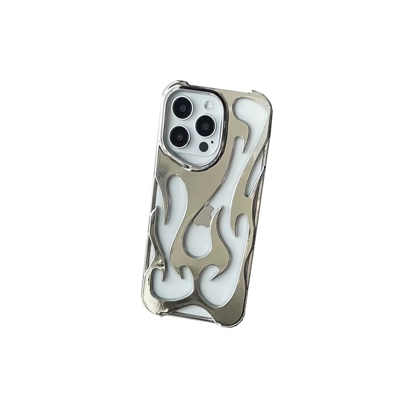 Premium iPhone Case — Hollow Flame Design SoftLuxury iPhone Case — Star Graffiti Gloss-Plated Cream TPU Cover with Stylish Artistic Design & Smooth Protective Finish Cover with Shockproof Protection & Silver Electroplated Cool Aesthetic for Boys and Girls