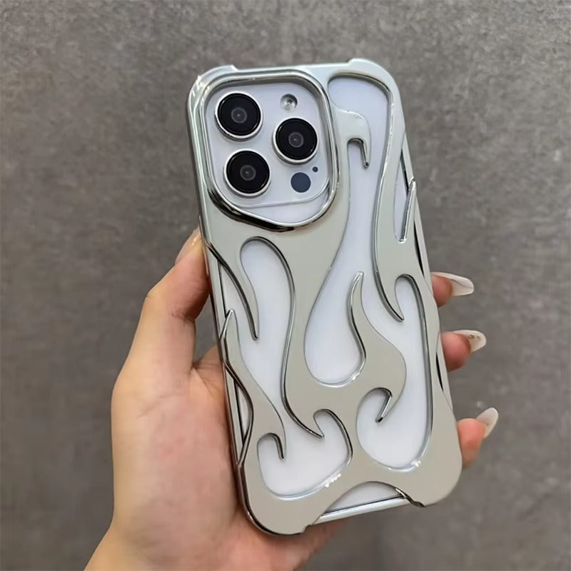 Premium iPhone Case — Hollow Flame Design SoftLuxury iPhone Case — Star Graffiti Gloss-Plated Cream TPU Cover with Stylish Artistic Design & Smooth Protective Finish Cover with Shockproof Protection & Silver Electroplated Cool Aesthetic for Boys and Girls