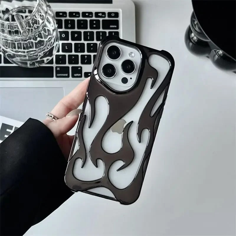 Premium iPhone Case — Hollow Flame Design SoftLuxury iPhone Case — Star Graffiti Gloss-Plated Cream TPU Cover with Stylish Artistic Design & Smooth Protective Finish Cover with Shockproof Protection & Silver Electroplated Cool Aesthetic for Boys and Girls