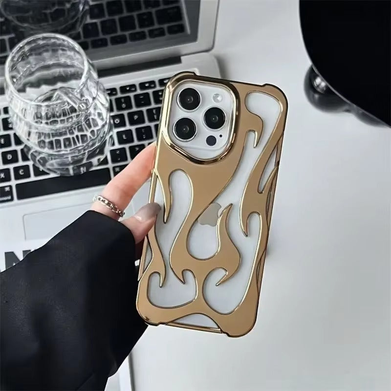 Premium iPhone Case — Hollow Flame Design SoftLuxury iPhone Case — Star Graffiti Gloss-Plated Cream TPU Cover with Stylish Artistic Design & Smooth Protective Finish Cover with Shockproof Protection & Silver Electroplated Cool Aesthetic for Boys and Girls