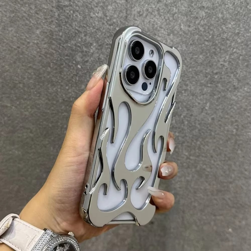 Premium iPhone Case — Hollow Flame Design SoftLuxury iPhone Case — Star Graffiti Gloss-Plated Cream TPU Cover with Stylish Artistic Design & Smooth Protective Finish Cover with Shockproof Protection & Silver Electroplated Cool Aesthetic for Boys and Girls