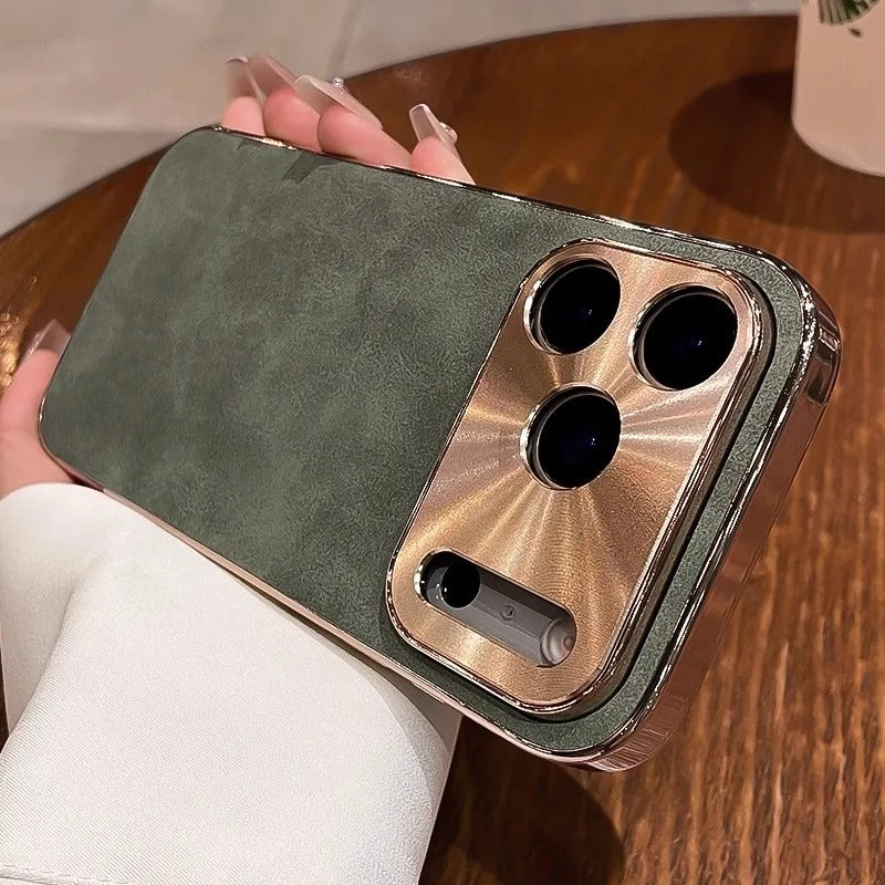 Premium iPhone Case — Leather Cover with Electroplate Frame, Shockproof Half-Wrapped PC Design, Camera Protection, Anti-Fingerprint Anti-Scratch Non-Slip Finish