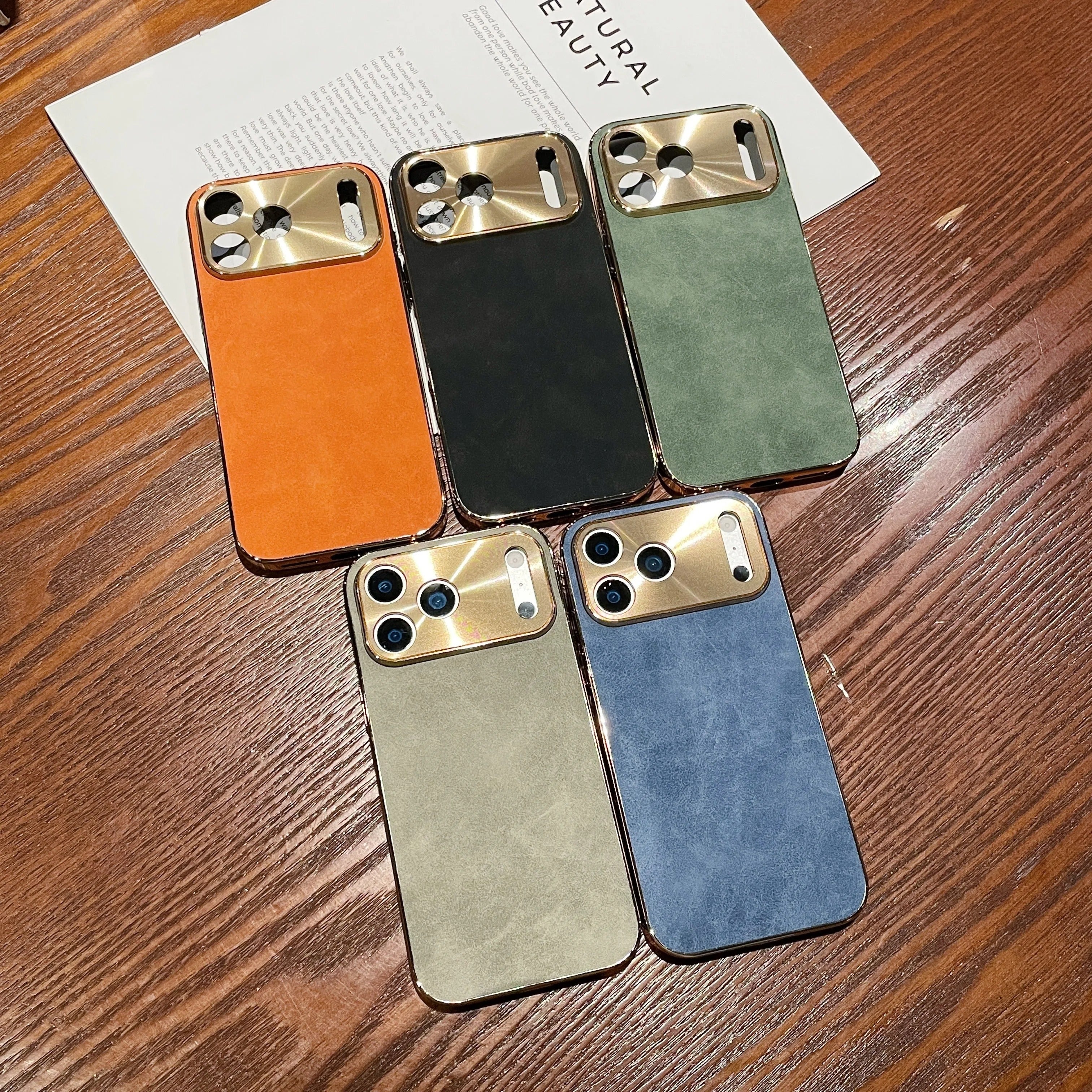 Premium iPhone Case — Leather Cover with Electroplate Frame, Shockproof Half-Wrapped PC Design, Camera Protection, Anti-Fingerprint Anti-Scratch Non-Slip Finish