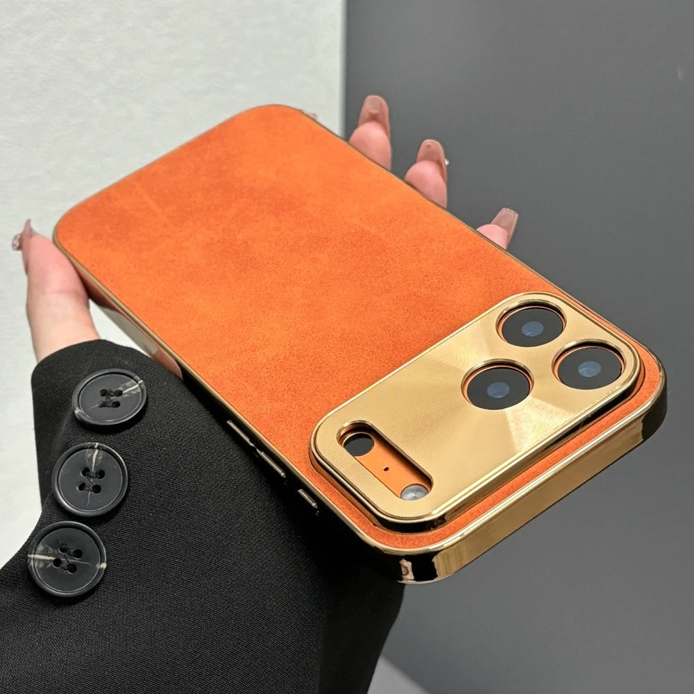 Premium iPhone Case — Leather Cover with Electroplate Frame, Shockproof Half-Wrapped PC Design, Camera Protection, Anti-Fingerprint Anti-Scratch Non-Slip Finish