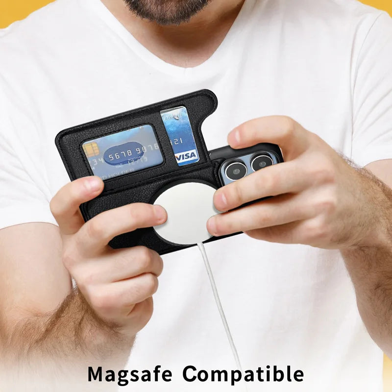 Premium iPhone Case — MagSafe Magnetic Flip Leather Wallet with Card Holder, Protective Shockproof Cover, Anti-Fingerprint, Full Access Design