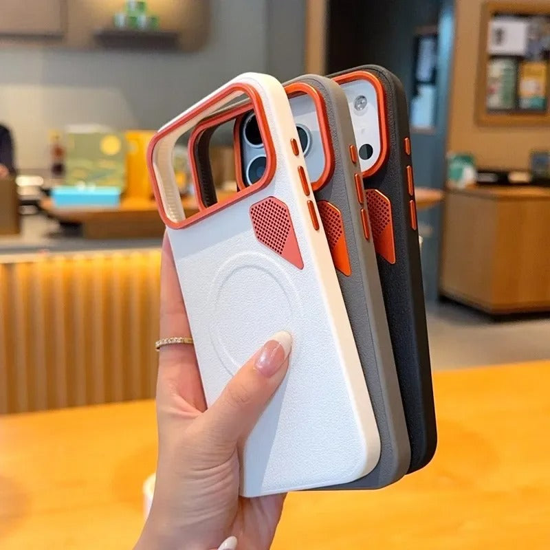 Premium iPhone Case — Magnetic PU Leather Cover with Heat-Dissipation Vents, Shockproof TPU+PC Frame and MagSafe Camera-Safe Design