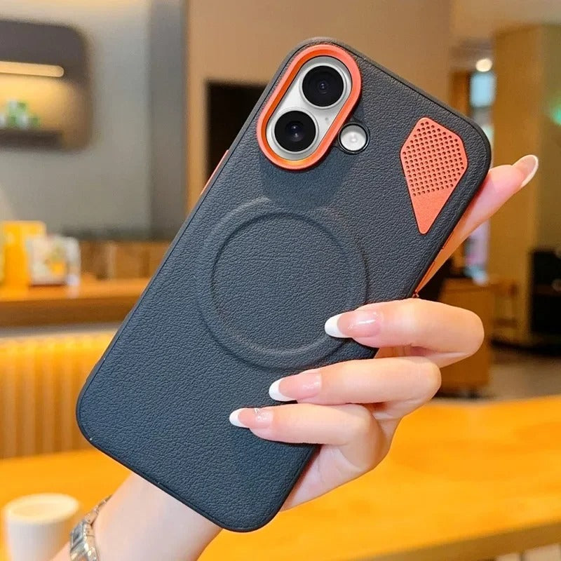 Premium iPhone Case — Magnetic PU Leather Cover with Heat-Dissipation Vents, Shockproof TPU+PC Frame and MagSafe Camera-Safe Design