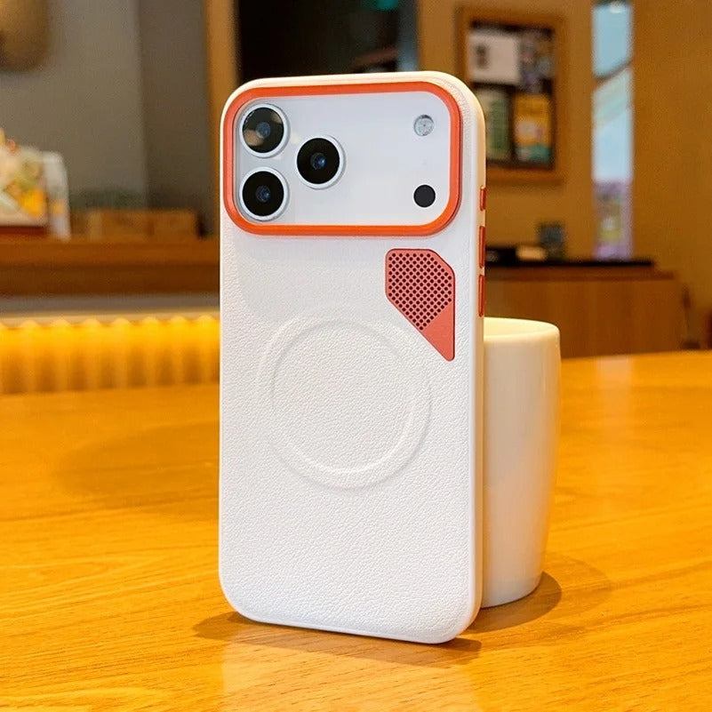 Premium iPhone Case — Magnetic PU Leather Cover with Heat-Dissipation Vents, Shockproof TPU+PC Frame and MagSafe Camera-Safe Design