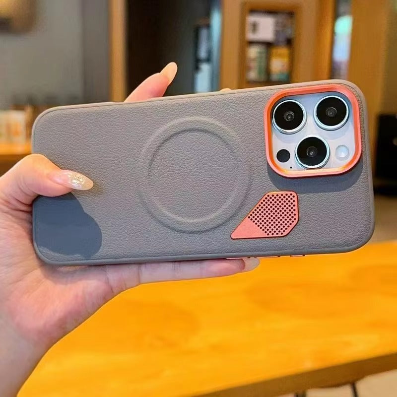 Premium iPhone Case — Magnetic PU Leather Cover with Heat-Dissipation Vents, Shockproof TPU+PC Frame and MagSafe Camera-Safe Design