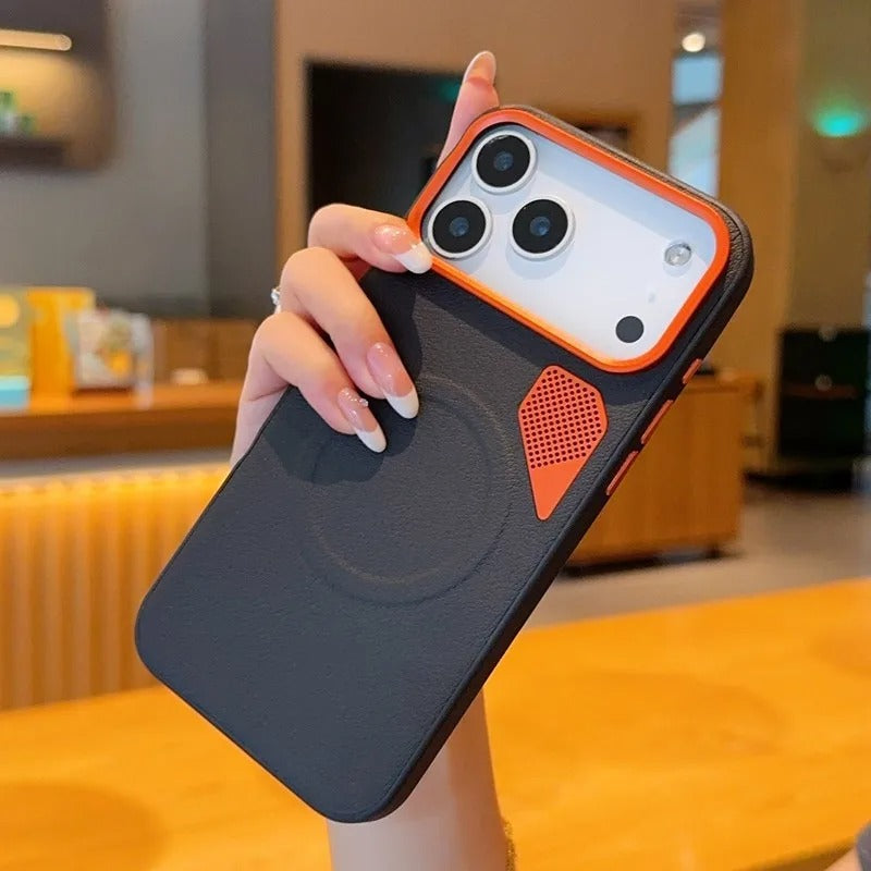 Premium iPhone Case — Magnetic PU Leather Cover with Heat-Dissipation Vents, Shockproof TPU+PC Frame and MagSafe Camera-Safe Design