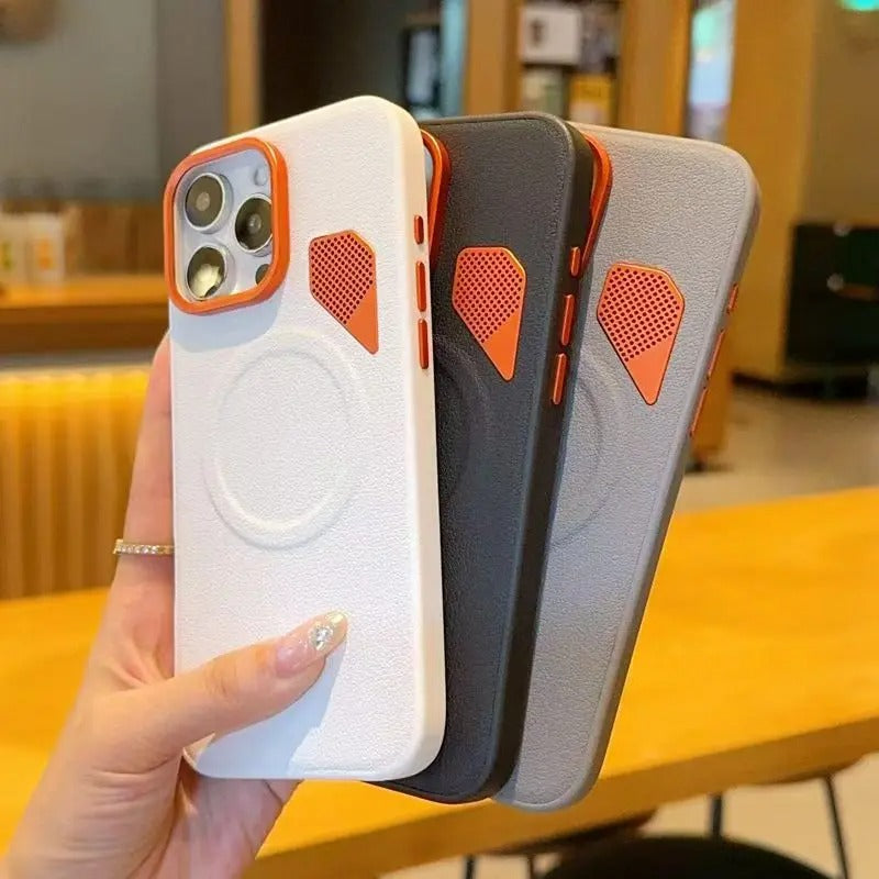 Premium iPhone Case — Magnetic PU Leather Cover with Heat-Dissipation Vents, Shockproof TPU+PC Frame and MagSafe Camera-Safe Design