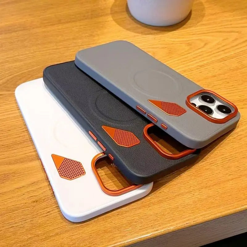 Premium iPhone Case — Magnetic PU Leather Cover with Heat-Dissipation Vents, Shockproof TPU+PC Frame and MagSafe Camera-Safe Design