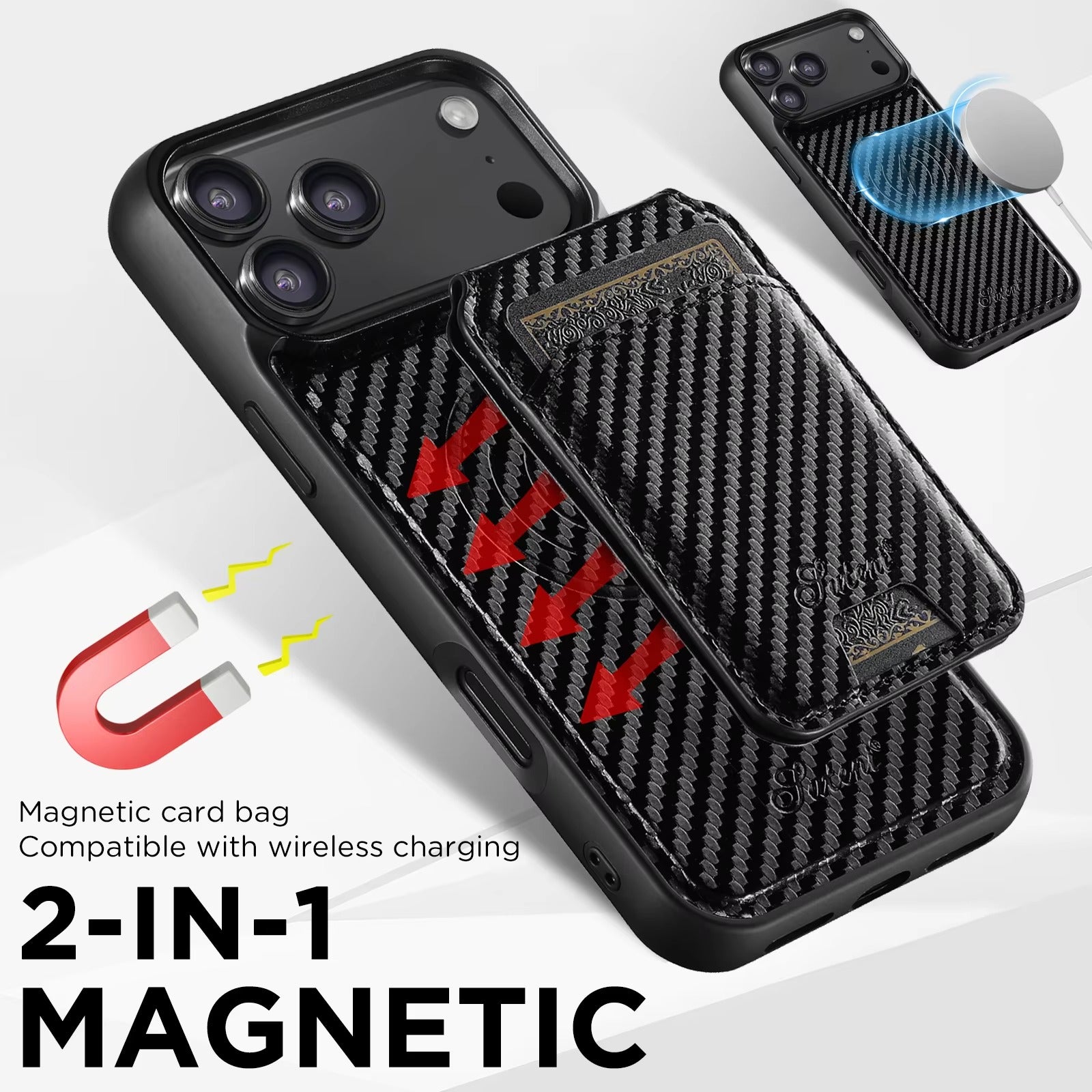 Premium iPhone Case — Magnetic PU Leather Wallet with Card Slot, Wireless Charging Compatible, Anti-Fingerprint Storage Compartment, Plain Design