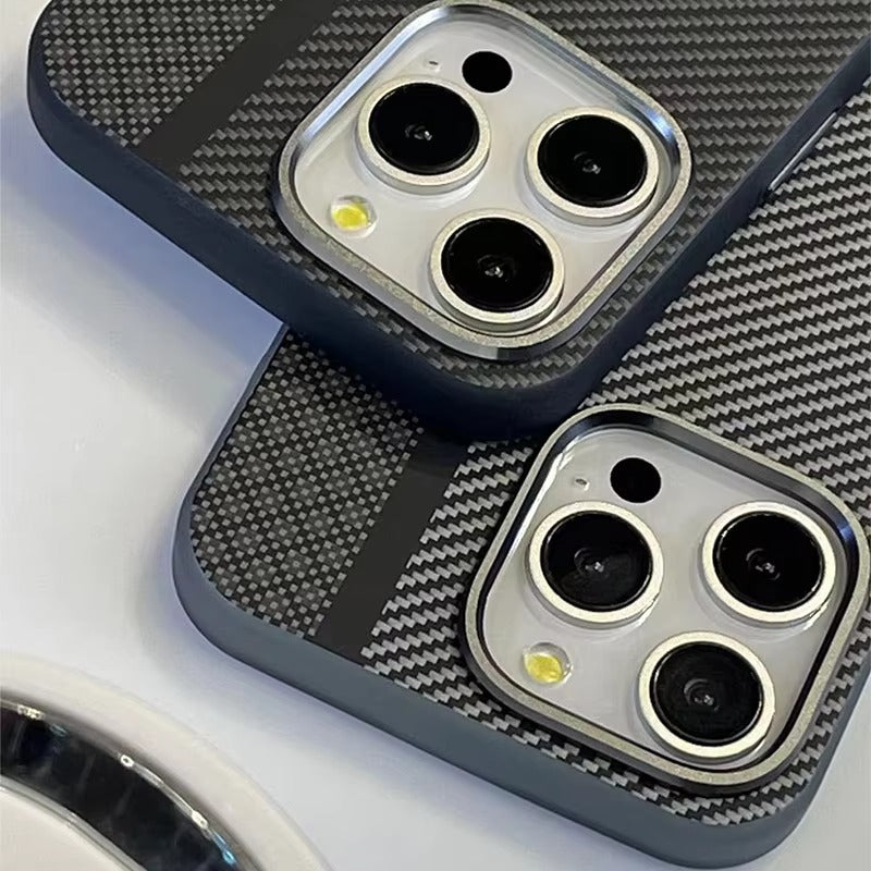 Premium iPhone Case — Matte Carbon Fiber Magnetic Cover with Shockproof Airbag Corners, Anti-Fingerprint Anti-Scratch Hybrid Protection & Metal Camera Frame