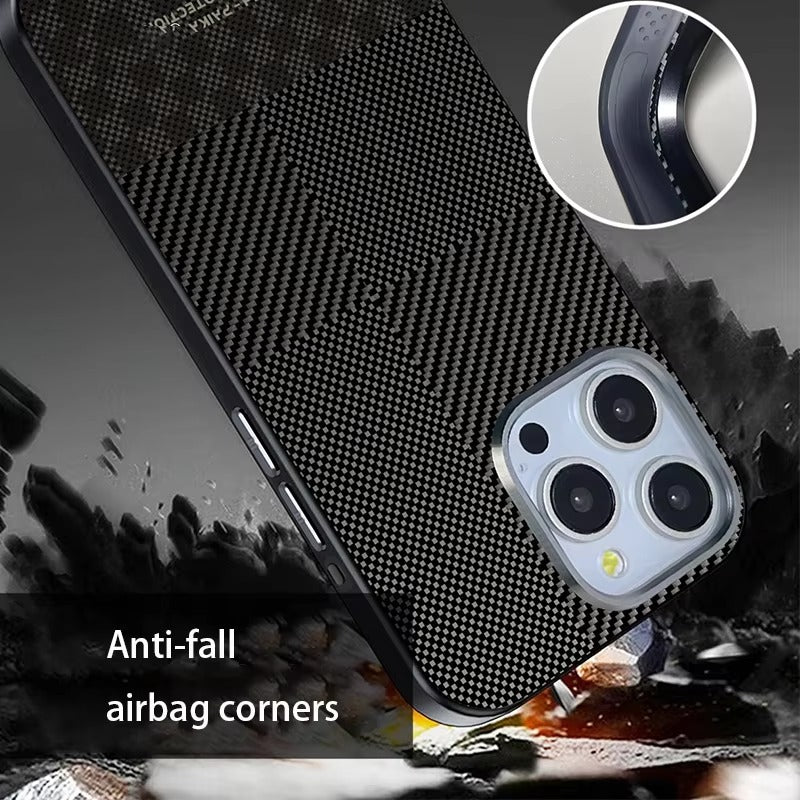 Premium iPhone Case — Matte Carbon Fiber Magnetic Cover with Shockproof Airbag Corners, Anti-Fingerprint Anti-Scratch Hybrid Protection & Metal Camera Frame