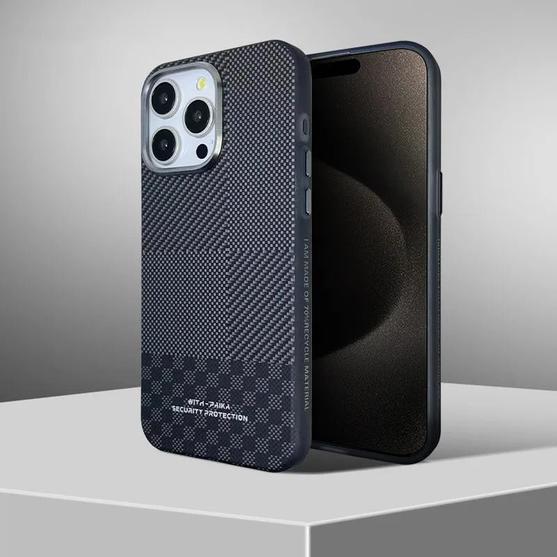 Premium iPhone Case — Matte Carbon Fiber Magnetic Cover with Shockproof Airbag Corners, Anti-Fingerprint Anti-Scratch Hybrid Protection & Metal Camera Frame