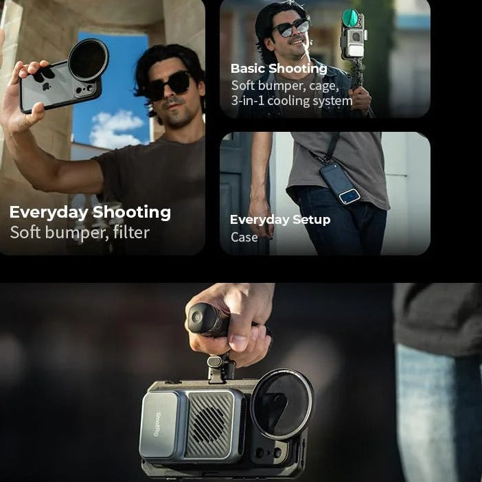 Premium iPhone Case — Professional Mobile Video Cage with T-Mount & 17mm Lens Backplates, Quick-Release Expansion System, Cold Shoe Mounts & All-Metal Protective Design