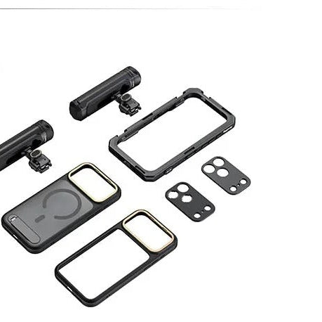 Premium iPhone Case — Professional Mobile Video Cage with T-Mount & 17mm Lens Backplates, Quick-Release Expansion System, Cold Shoe Mounts & All-Metal Protective Design
