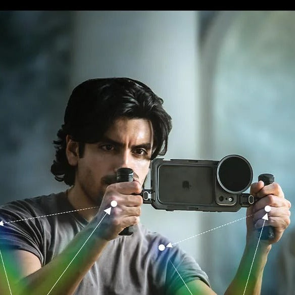 Premium iPhone Case — Professional Mobile Video Cage with T-Mount & 17mm Lens Backplates, Quick-Release Expansion System, Cold Shoe Mounts & All-Metal Protective Design