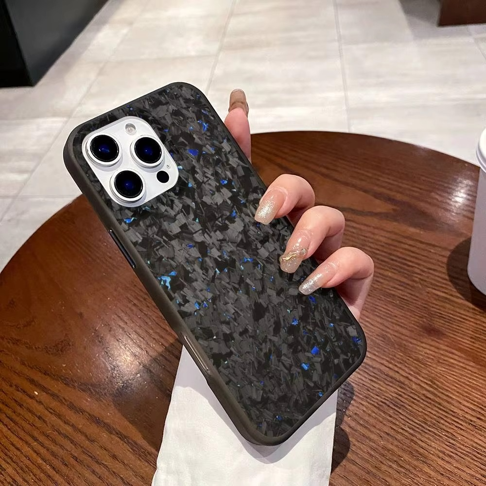 Premium iPhone Case — Real Forged Carbon Fiber MagSafe Cover with Metal Lens & Button Accents, Shockproof Dual-Layer Full-Coverage Lightweight Design