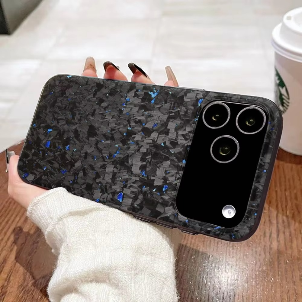 Premium iPhone Case — Real Forged Carbon Fiber MagSafe Cover with Metal Lens & Button Accents, Shockproof Dual-Layer Full-Coverage Lightweight Design