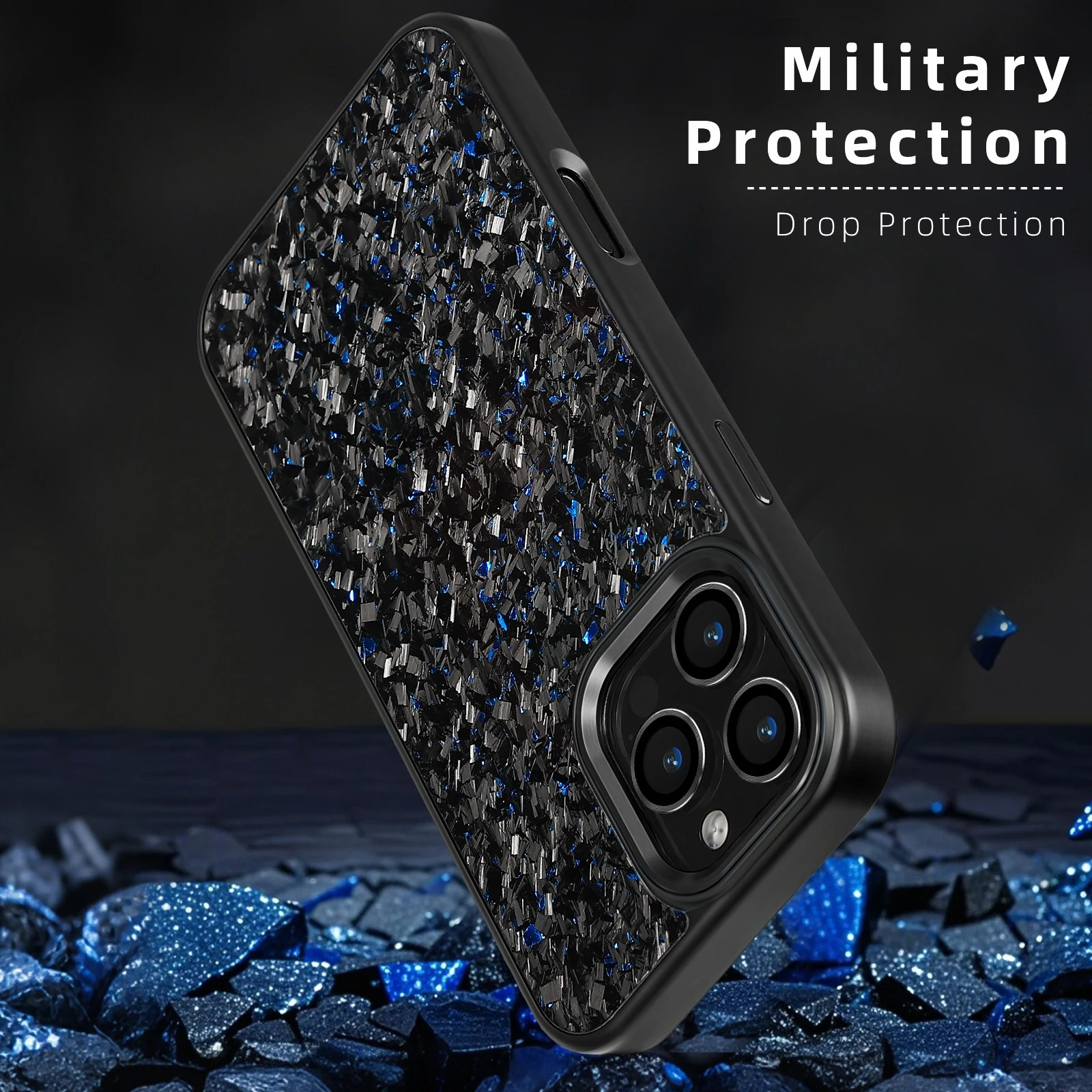 Premium iPhone Case — Real Forged Carbon Fiber MagSafe Cover with Metal Lens & Button Accents, Shockproof Dual-Layer Full-Coverage Lightweight Design