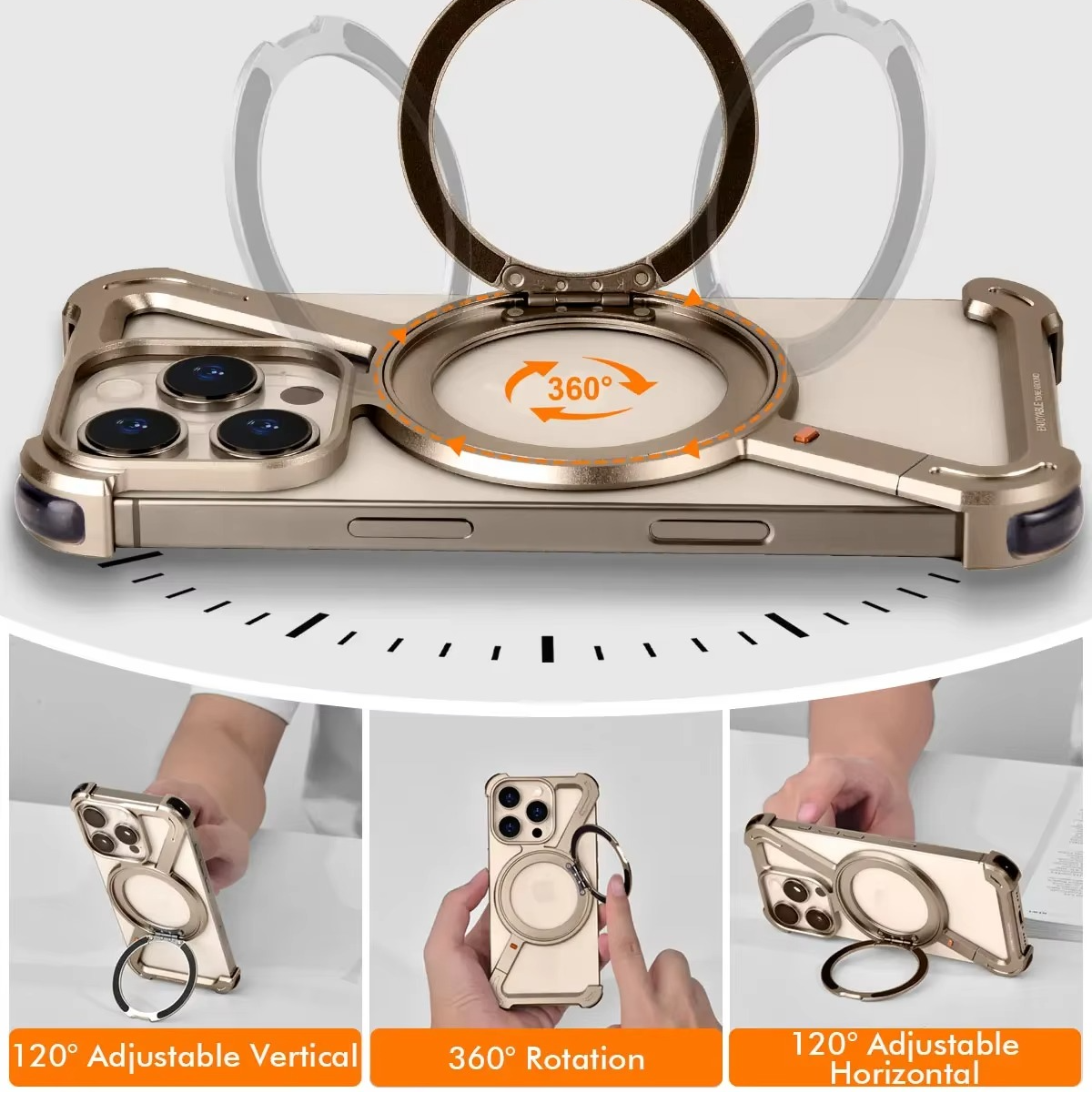 Rugged iPhone Case — Z-Shape Metal Shockproof Bumper with 360° Rotating Ring Holder, Magnetic, Wireless-Charging Compatible, Non-Slip Full Coverage