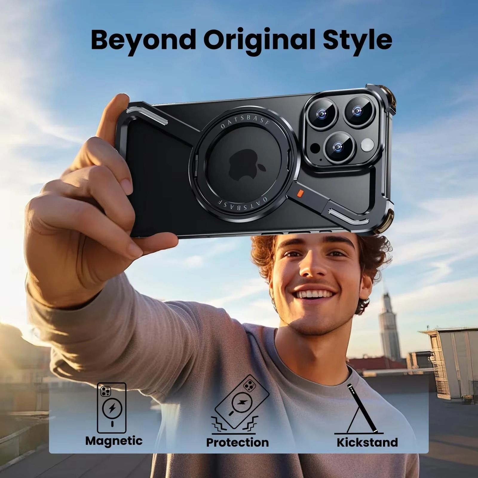 Rugged iPhone Case — Z-Shape Metal Shockproof Bumper with 360° Rotating Ring Holder, Magnetic, Wireless-Charging Compatible, Non-Slip Full Coverage