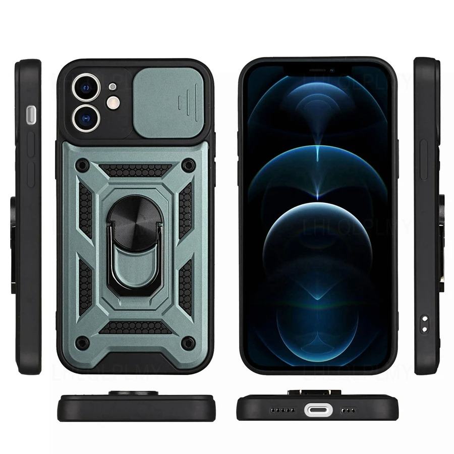 Rugged iPhone Armor Case with Camera Protection — Shockproof Silicone Dual Layer Cover, Heavy Duty Design with Ring Holder, Anti-Fingerprint Scratch-Resistant