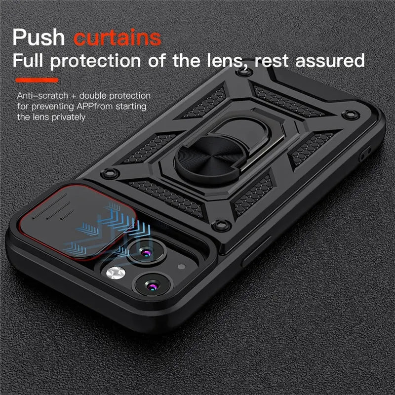 Rugged iPhone Armor Case with Camera Protection — Shockproof Silicone Dual Layer Cover, Heavy Duty Design with Ring Holder, Anti-Fingerprint Scratch-Resistant
