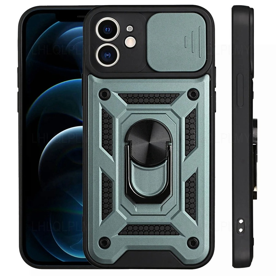 Rugged iPhone Armor Case with Camera Protection — Shockproof Silicone Dual Layer Cover, Heavy Duty Design with Ring Holder, Anti-Fingerprint Scratch-Resistant