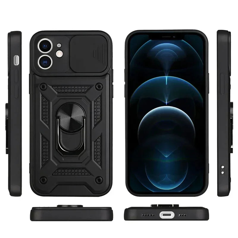 Rugged iPhone Armor Case with Camera Protection — Shockproof Silicone Dual Layer Cover, Heavy Duty Design with Ring Holder, Anti-Fingerprint Scratch-Resistant