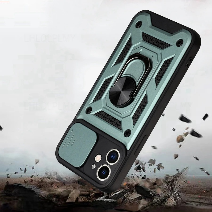 Rugged iPhone Armor Case with Camera Protection — Shockproof Silicone Dual Layer Cover, Heavy Duty Design with Ring Holder, Anti-Fingerprint Scratch-Resistant
