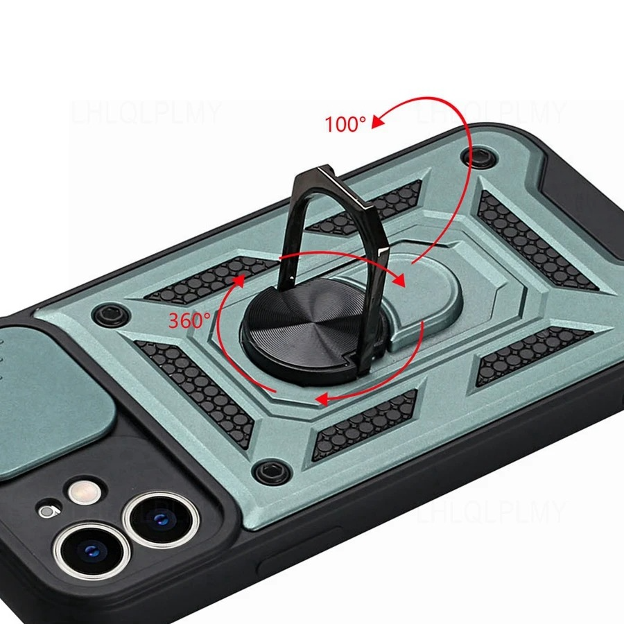 Rugged iPhone Armor Case with Camera Protection — Shockproof Silicone Dual Layer Cover, Heavy Duty Design with Ring Holder, Anti-Fingerprint Scratch-Resistant