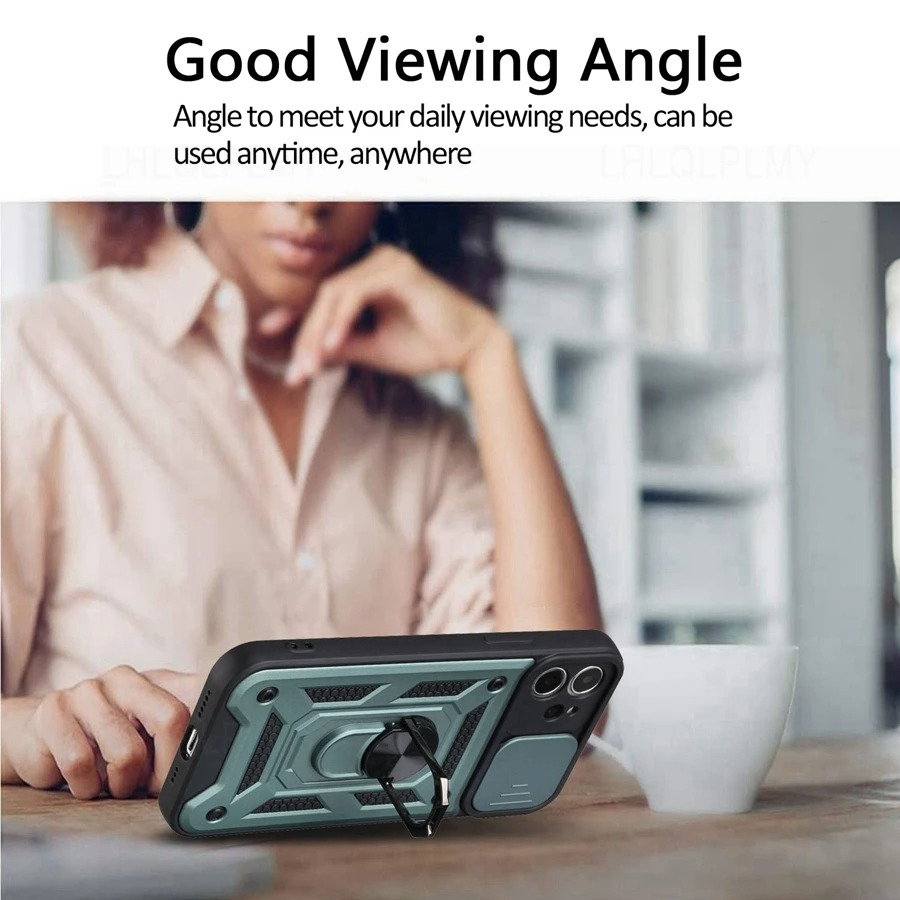 Rugged iPhone Armor Case with Camera Protection — Shockproof Silicone Dual Layer Cover, Heavy Duty Design with Ring Holder, Anti-Fingerprint Scratch-Resistant