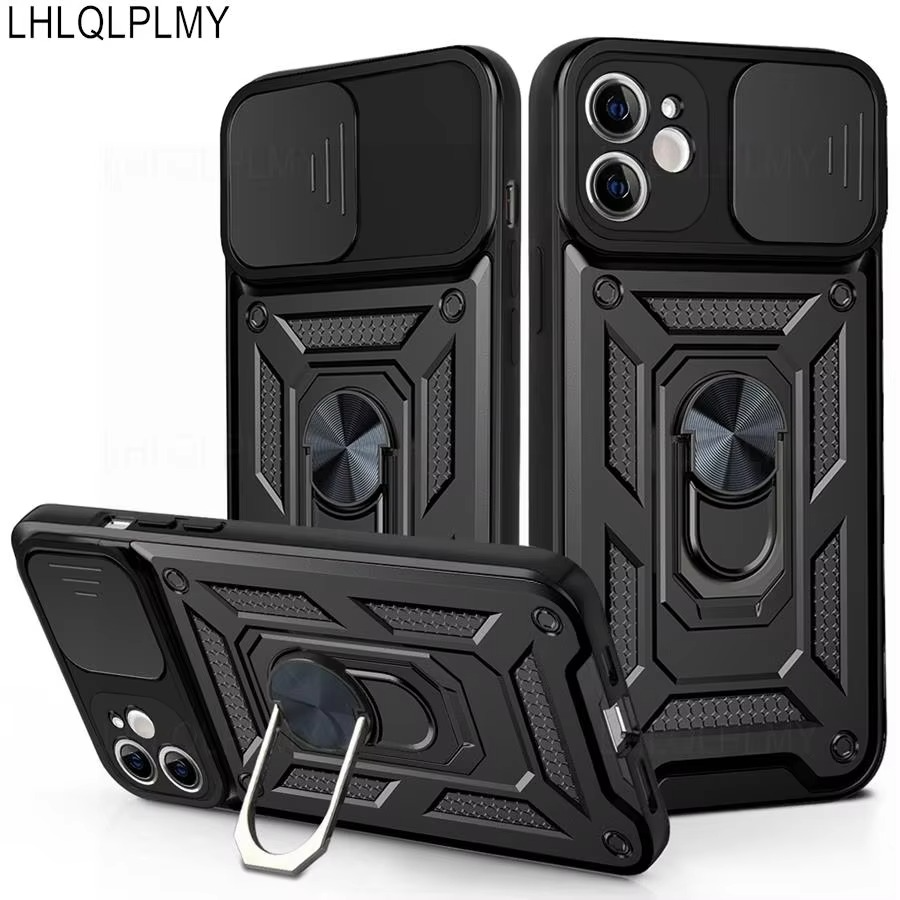 Rugged iPhone Armor Case with Camera Protection — Shockproof Silicone Dual Layer Cover, Heavy Duty Design with Ring Holder, Anti-Fingerprint Scratch-Resistant