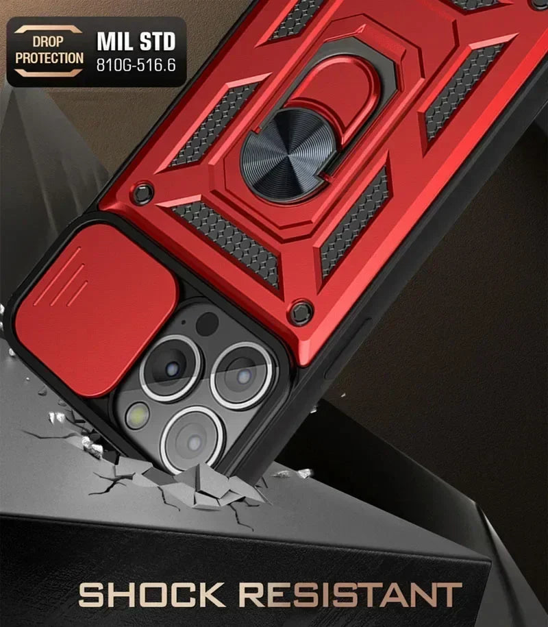 Rugged iPhone Armor Case with Camera Protection — Shockproof Silicone Dual Layer Cover, Heavy Duty Design with Ring Holder, Anti-Fingerprint Scratch-Resistant