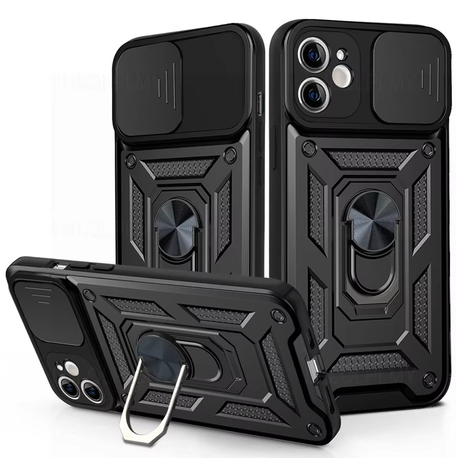 Rugged iPhone Armor Case with Camera Protection — Shockproof Silicone Dual Layer Cover, Heavy Duty Design with Ring Holder, Anti-Fingerprint Scratch-Resistant