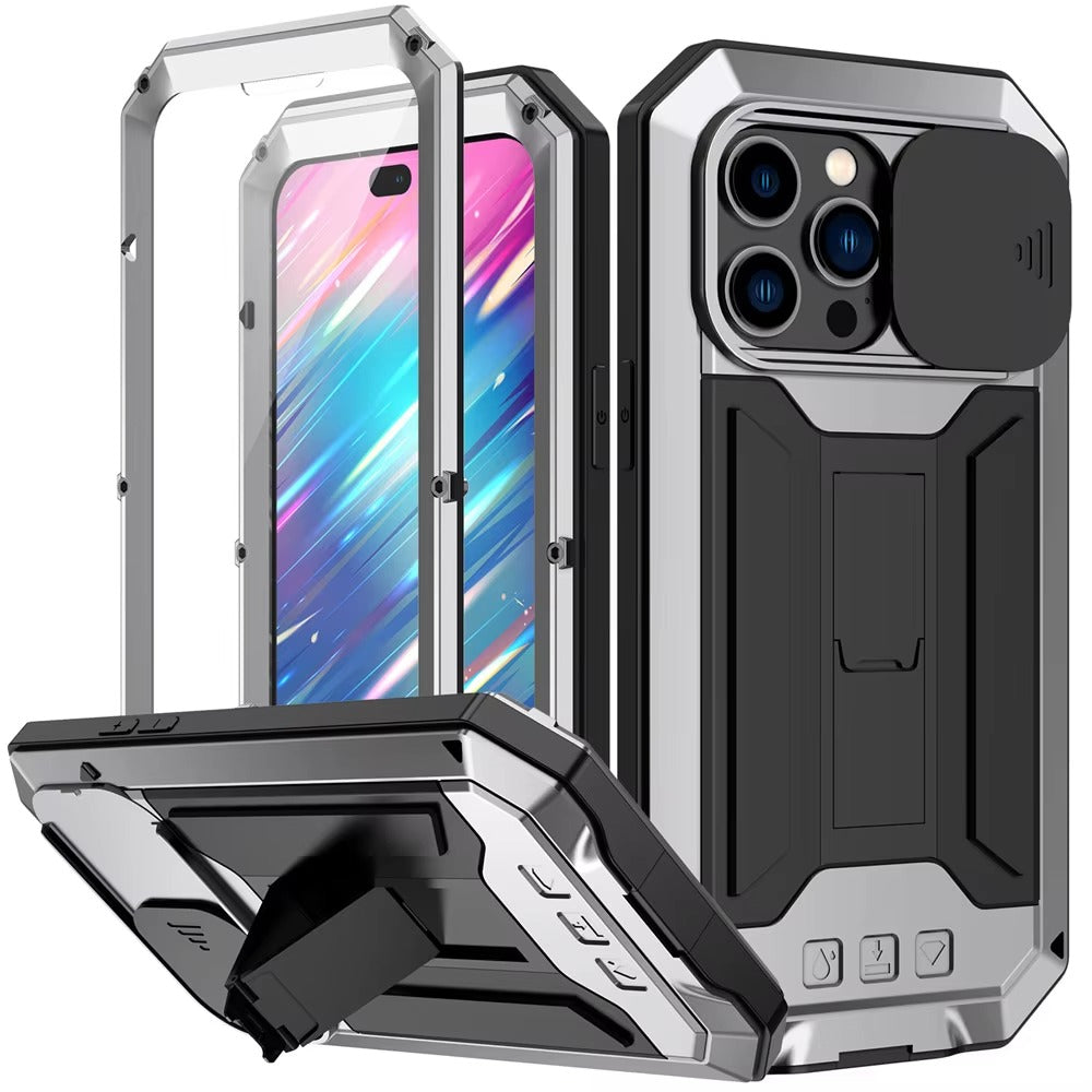 Rugged iPhone Case 360° Full Protection Shockproof — Metal Frame with Tempered Glass, Slide Camera Cover, Built-In Stand, Dustproof & Drop-Resistant Design