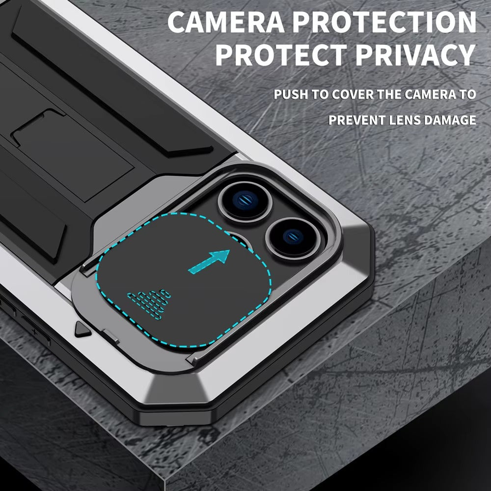 Rugged iPhone Case 360° Full Protection Shockproof — Metal Frame with Tempered Glass, Slide Camera Cover, Built-In Stand, Dustproof & Drop-Resistant Design