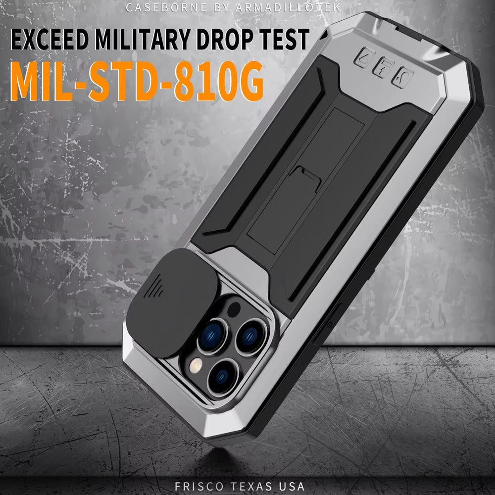 Rugged iPhone Case 360° Full Protection Shockproof — Metal Frame with Tempered Glass, Slide Camera Cover, Built-In Stand, Dustproof & Drop-Resistant Design