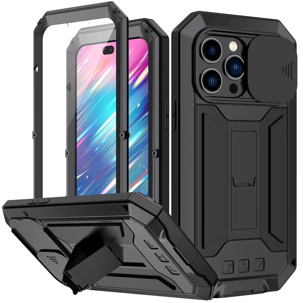 Rugged iPhone Case 360° Full Protection Shockproof — Metal Frame with Tempered Glass, Slide Camera Cover, Built-In Stand, Dustproof & Drop-Resistant Design