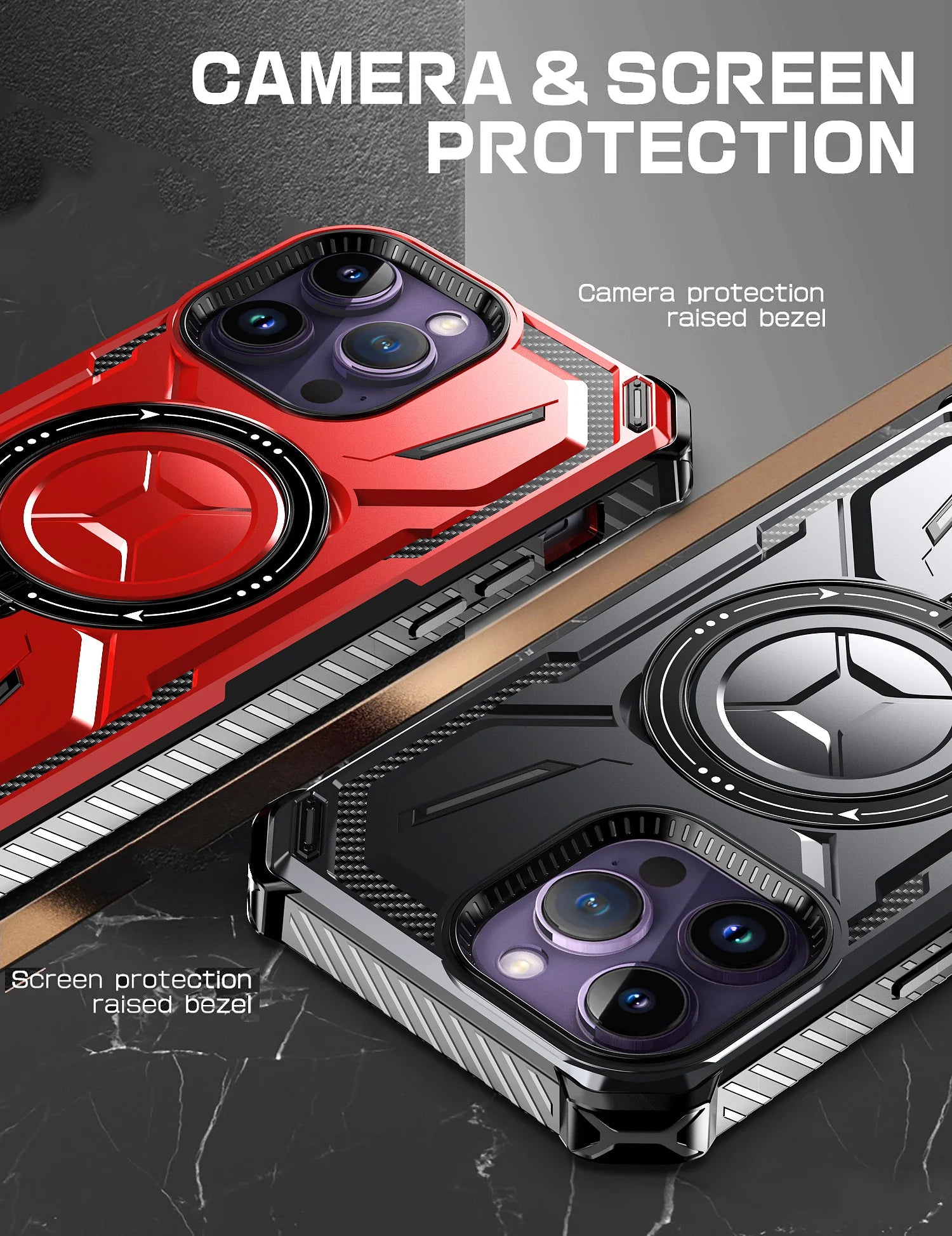 Rugged iPhone Case MagSafe Compatible Heavy Duty Cover — Dual Layer Shock Absorption, Rotatable Kickstand Ring, Built-In Screen Protector, Full Body Defense