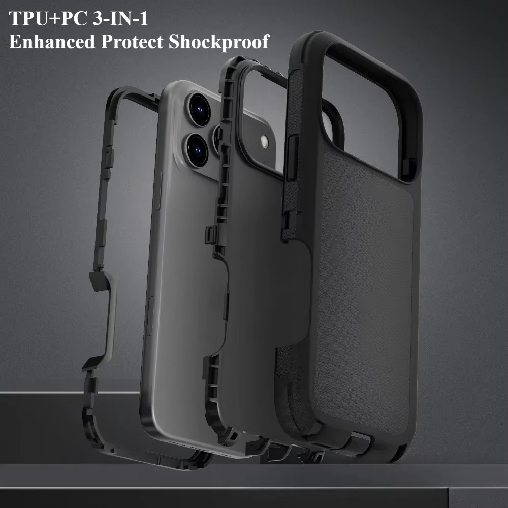 Rugged iPhone Case — 3-in-1 Heavy-Duty Shockproof Defender Cover with Clip, Dual-Layer PC+TPU Protection, Waterproof Dustproof Non-Slip Matte Design