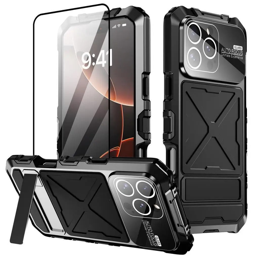 Rugged iPhone Case — 360° Full-Body Shockproof Aluminum Armor Cover with Tempered Glass Protection, Metal Lock Catch, Kickstand and Heavy-Duty Anti-Fall Design