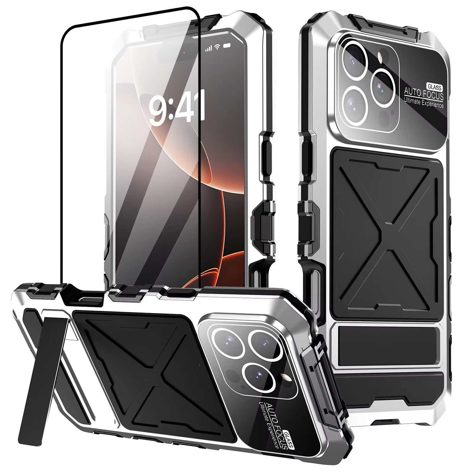 Rugged iPhone Case — 360° Full-Body Shockproof Aluminum Armor Cover with Tempered Glass Protection, Metal Lock Catch, Kickstand and Heavy-Duty Anti-Fall Design