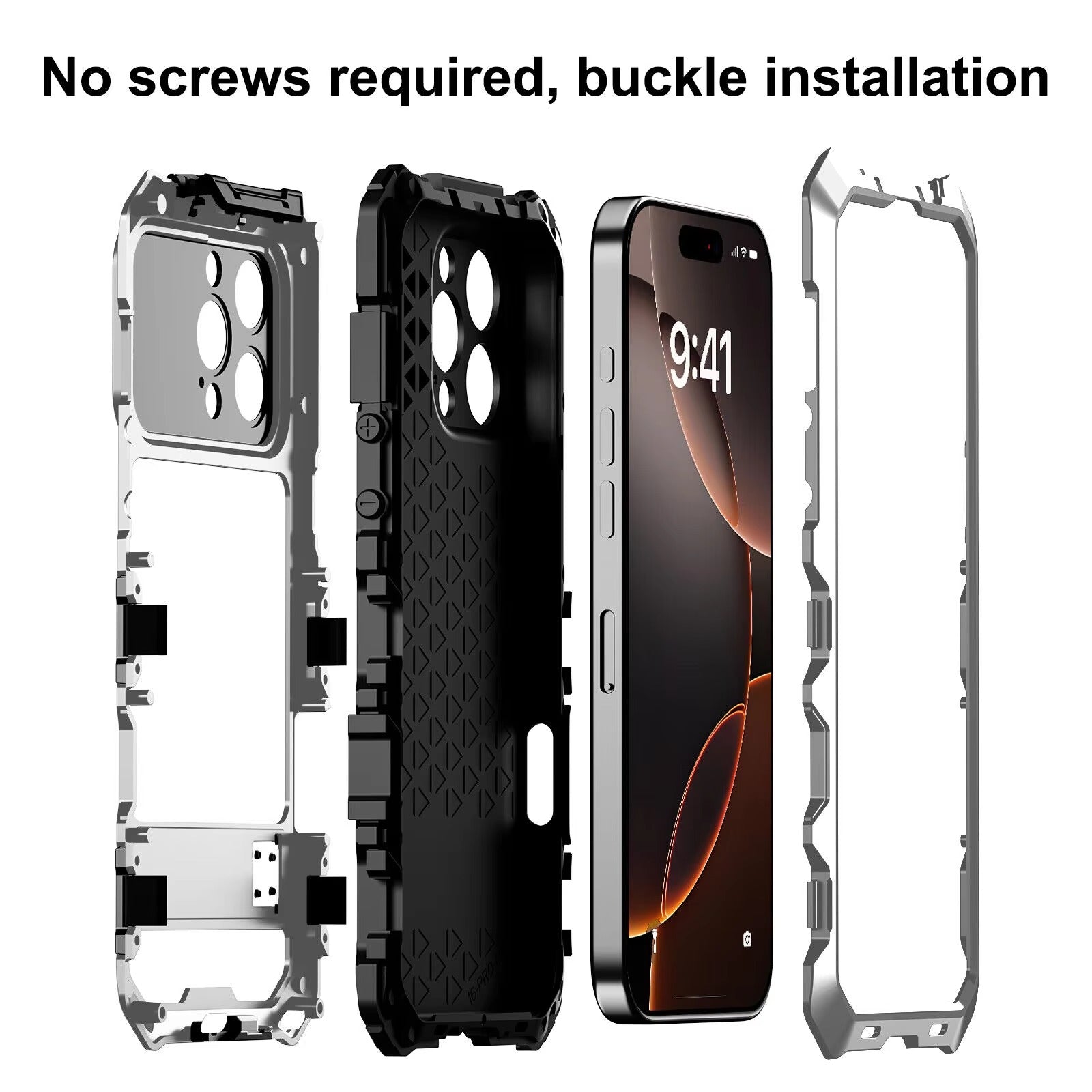 Rugged iPhone Case — 360° Full-Body Shockproof Aluminum Armor Cover with Tempered Glass Protection, Metal Lock Catch, Kickstand and Heavy-Duty Anti-Fall Design