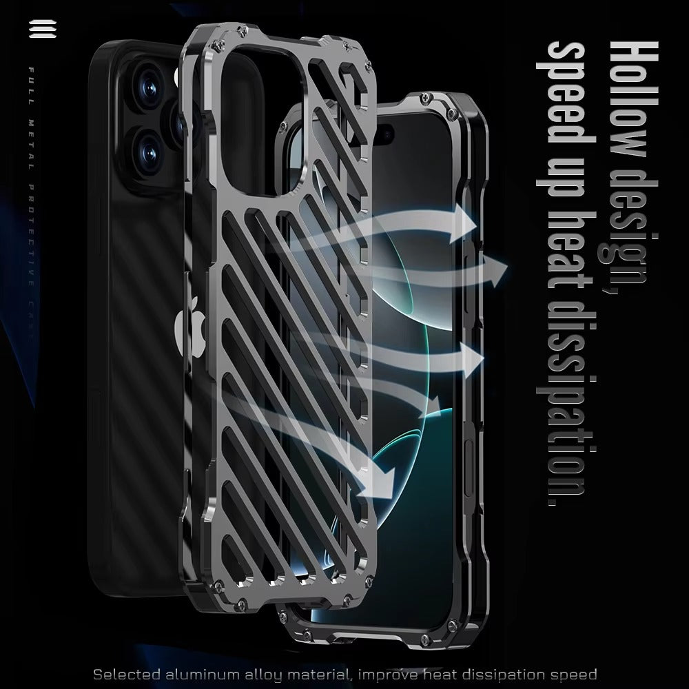 Rugged iPhone Case — Aluminum Alloy Heat-Dissipation Armor Cover with Shockproof Heavy-Duty Full-Coverage Metal Design