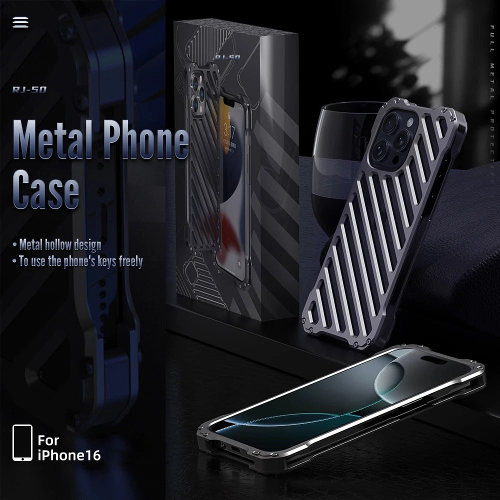 Rugged iPhone Case — Aluminum Alloy Heat-Dissipation Armor Cover with Shockproof Heavy-Duty Full-Coverage Metal Design