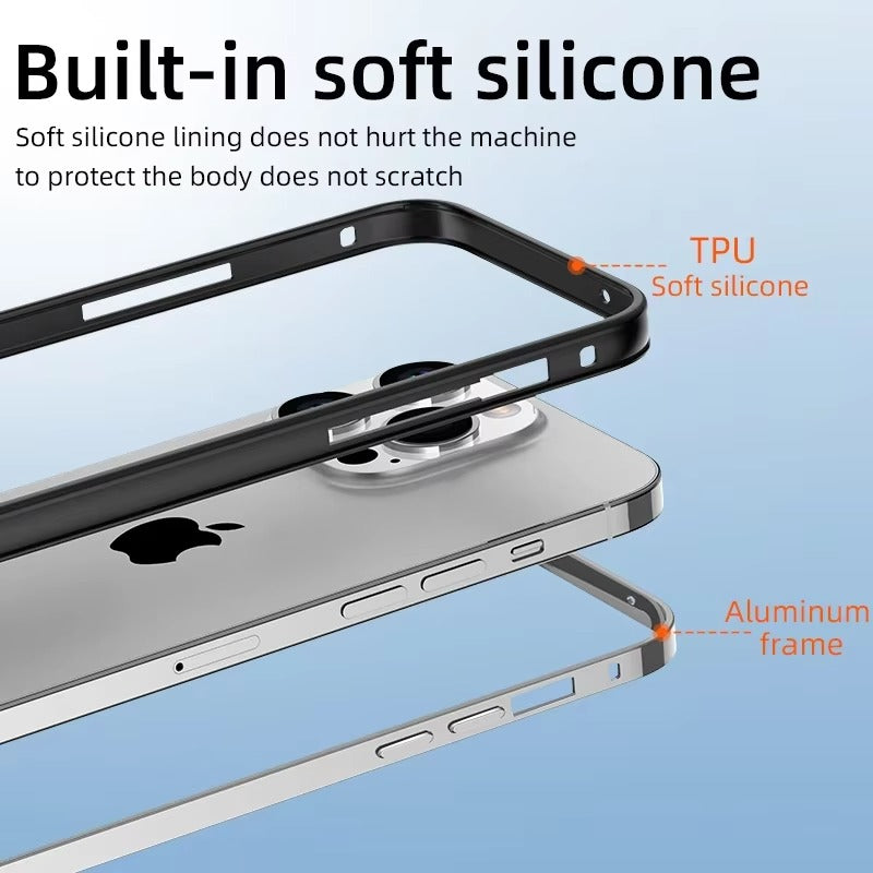 Rugged iPhone Case — Aluminum Metal Frame Bumper Cover with Silicone Protection and Shockproof Durable Design